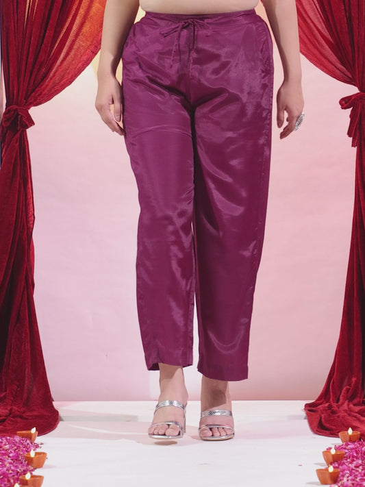 Blended Silk Solid Purple Straight Trousers