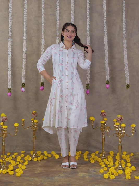 Soft Cotton Geometric High Low Off White Kurta