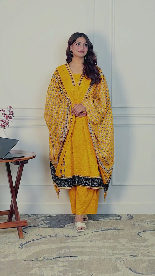 Soft Cotton Floral Anarkali Yellow Kurta