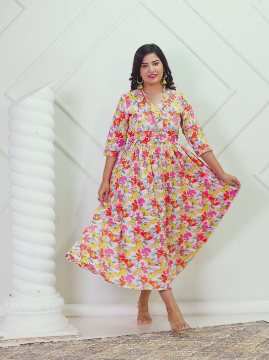 Kantha Cotton Floral Angrakha Multicolor Dress