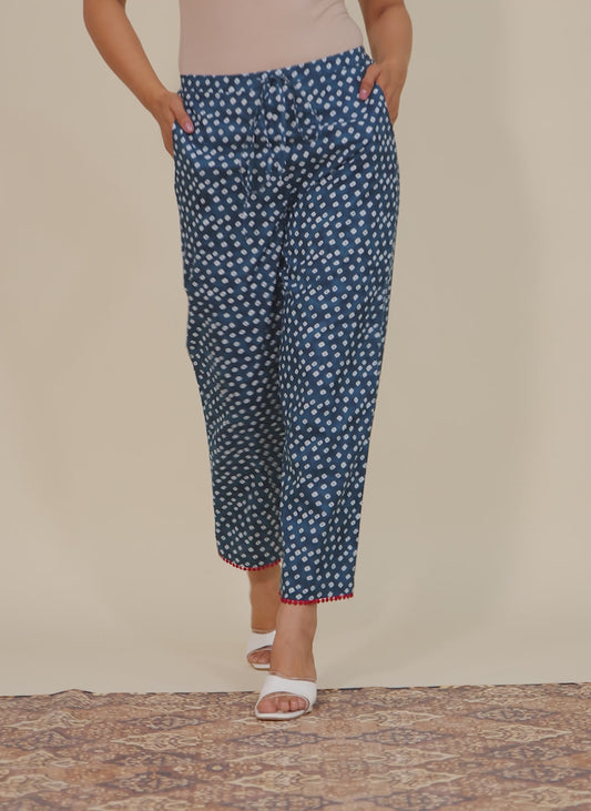 Soft Cotton Abstract Blue Straight Straight Trousers