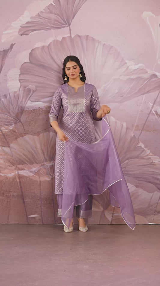 Chanderi Gold foil Straight Lavender Kurta