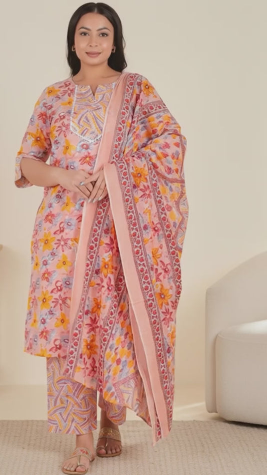 Soft Cotton Floral Straight Pink Kurta