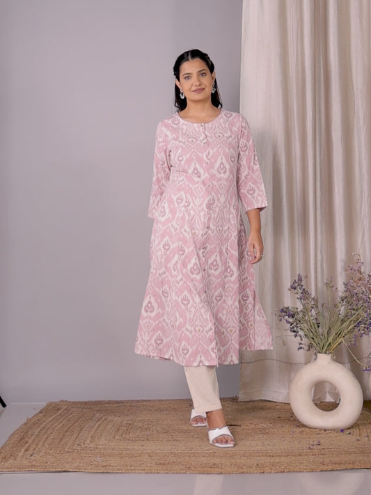 Linen Cotton Ikat Flared Pink Kurta