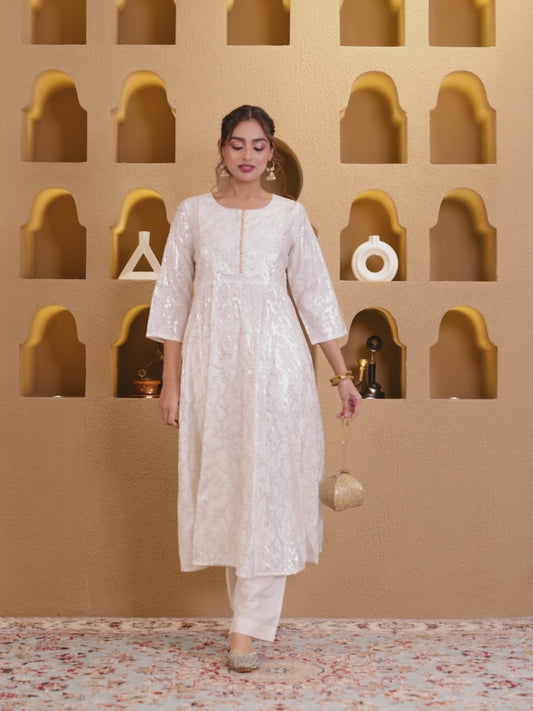Chanderi Gold foil Anarkali Off White