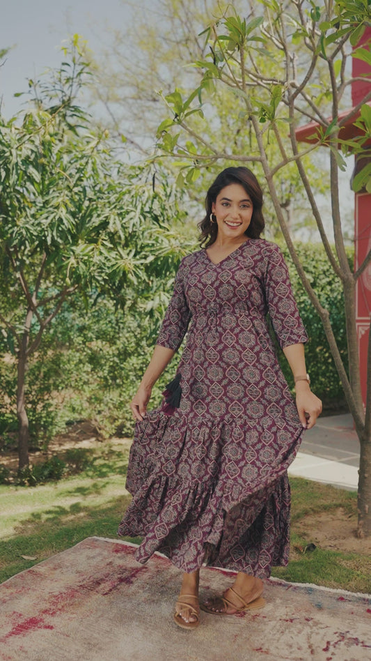 Soft Cotton Geometric Anarkali Wine Dress