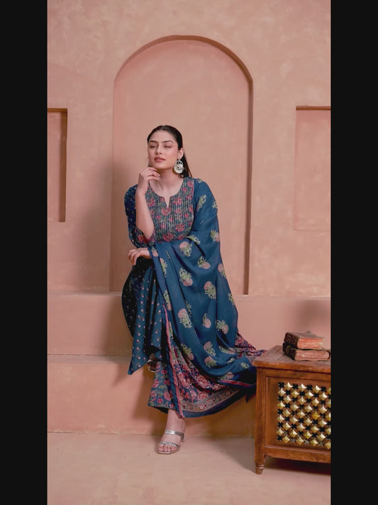 Embroidered Soft Cotton Block Print Flared Blue
