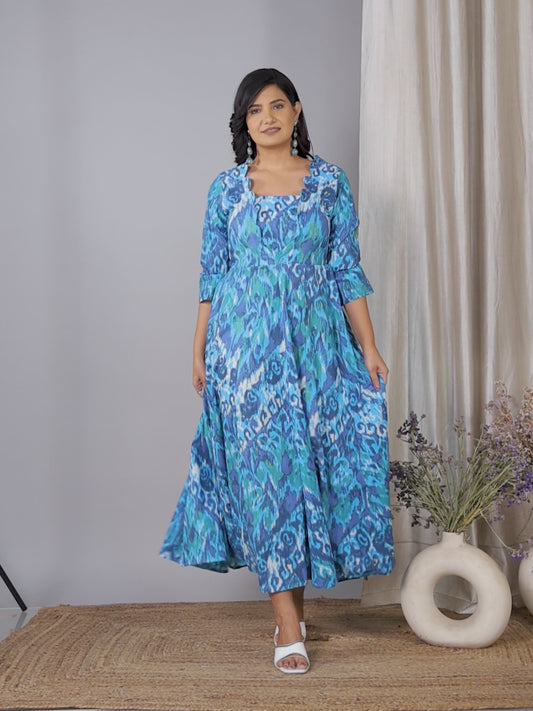 Soft Cotton Ikat Flared Blue Dress