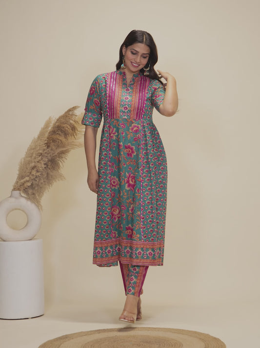Embroidered Soft Cotton Block Print Panelled Sea Green Kurta