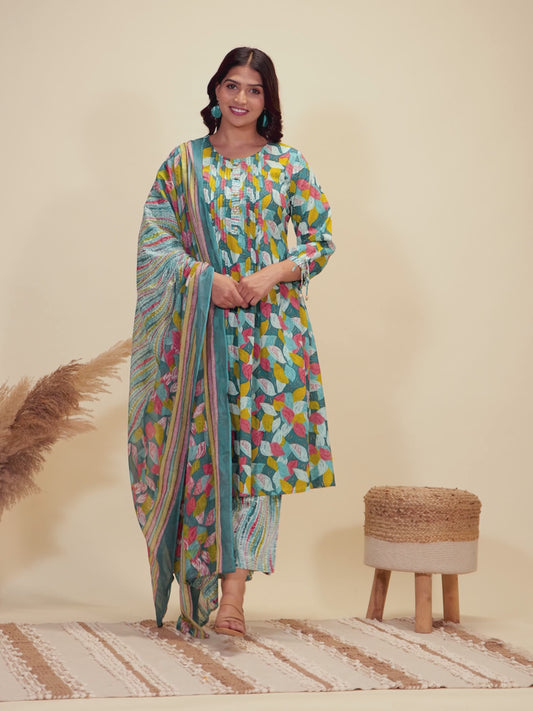 Soft Cotton Abstract Flared Green Kurta