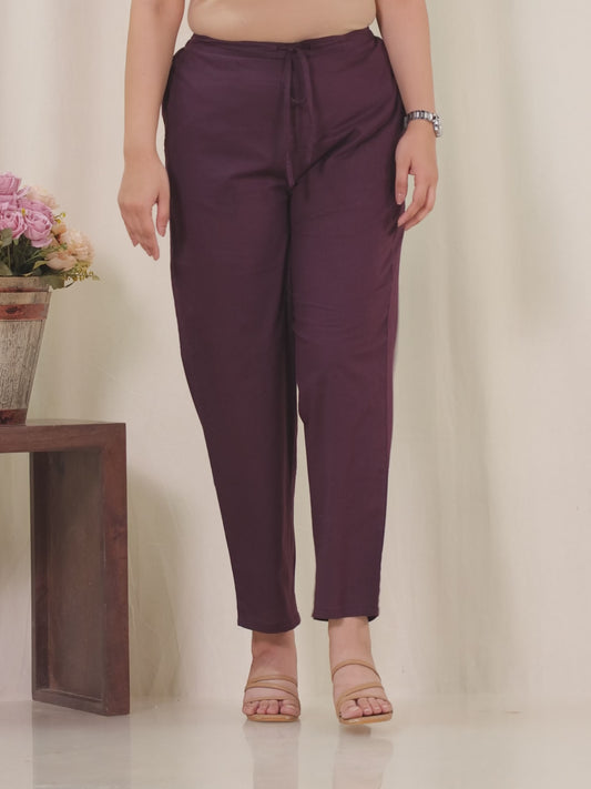 Soft Cotton Solid Wine Tapered Tapered Trousers