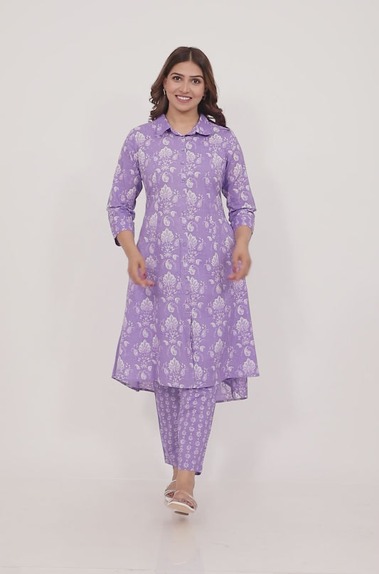 Soft Cotton Floral High Low Purple Kurta