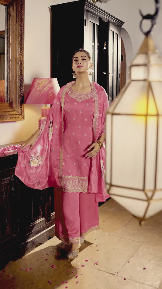Embroidered Blended Silk Coral Kurta