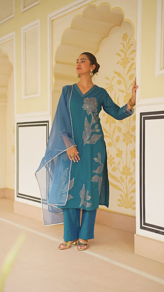Embroidered Chanderi Placement Print A-line Teal Kurta