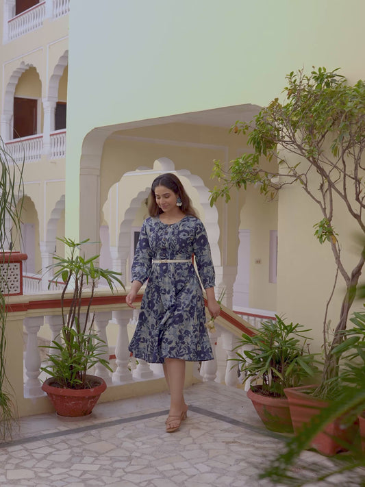 Soft Cotton Floral Flared Blue Dress