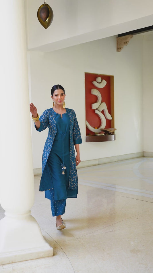 Chanderi Gold foil Straight Teal Kurta