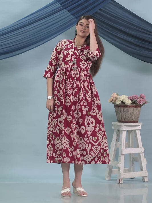 Soft Cotton Ikat Anarkali Maroon Dress (With Necklace)