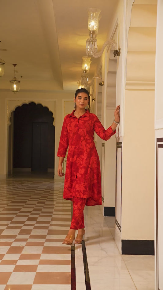 Soft Cotton Foliage High Low Red Kurta