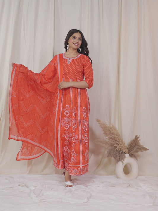 Embroidered Soft Cotton Bandhani Anarkali Orange Kurta