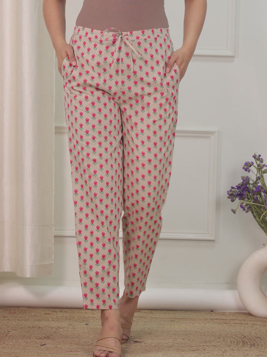 Embroidered Soft Cotton Floral Beige Tapered Trousers