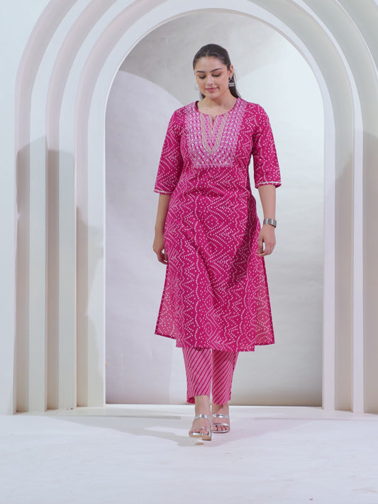 Embroidered Soft Cotton Bandhani Straight Pink Kurta