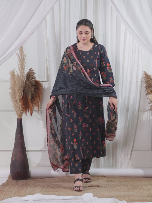 Embroidered Soft Cotton Floral Anarkali Black Kurta