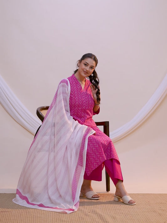 Soft cotton Ikat Straight Pink Kurta