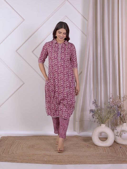 Embroidered Soft Cotton Floral Pathani Purple Kurta