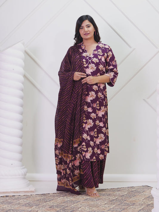 Embroidered Soft Cotton Floral Straight Purple Kurta