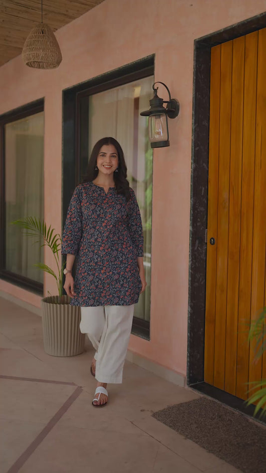 Soft Cotton Floral Straight Indigo Kurti