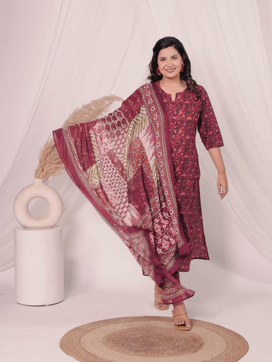 Embroidered Soft Cotton Floral A-line Maroon Kurta