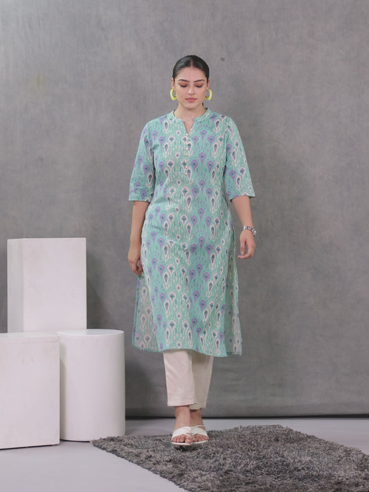 Linen Cotton Paisley Straight Green Kurta