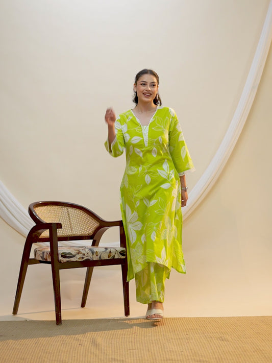 Soft cotton Floral A-line Green Kurta