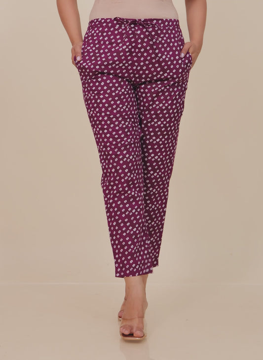 Soft Cotton Bandhani Purple Tapered Tapered Trousers