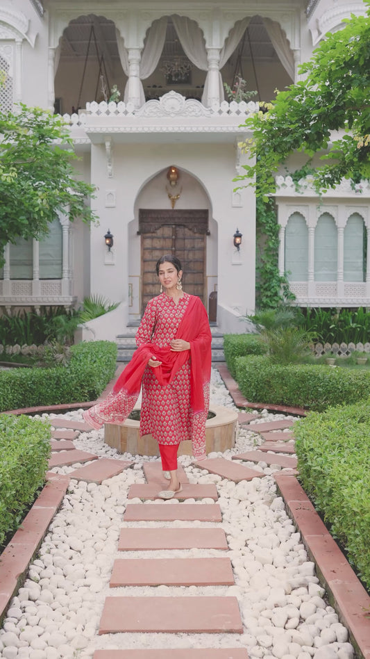 Soft Cotton Floral Straight Red Kurta