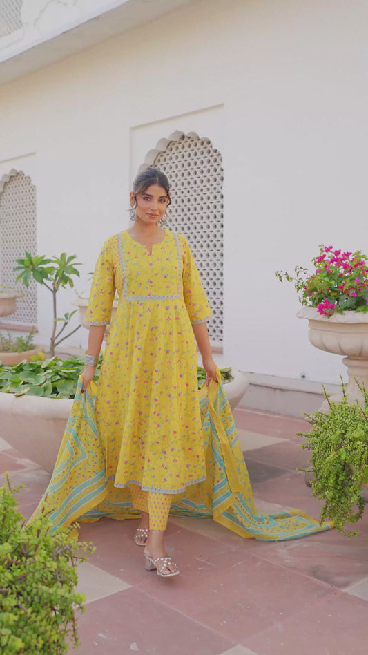 Soft Cotton Floral Anarkali Yellow Kurta