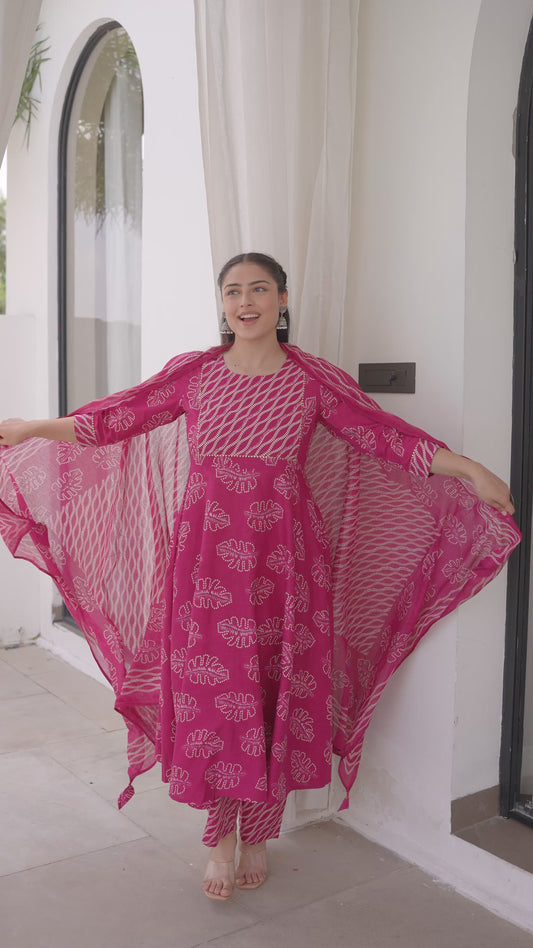 Soft Cotton Foliage Anarkali Pink Kurta