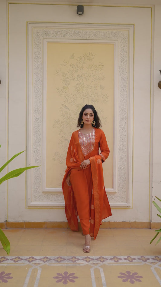 Embroidered Blended Silk Rust Straight Orange Kurta