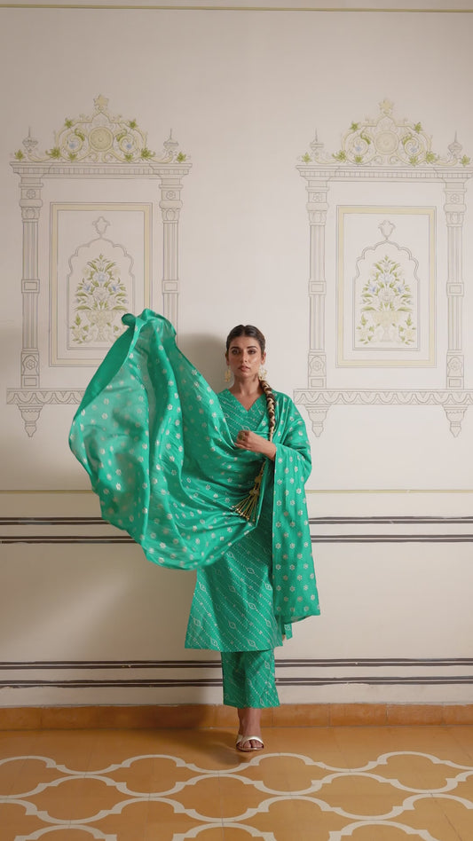 Chanderi Bandhani Straight Sea Green Kurta