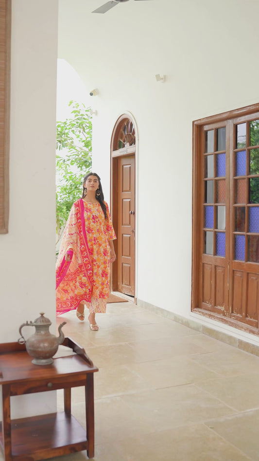 Soft Cotton Foliage Straight Cream Kurta