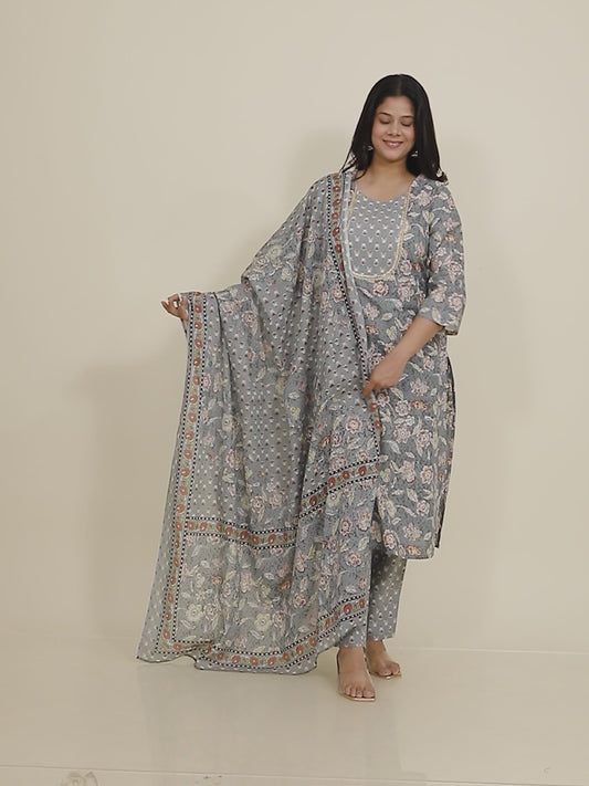 Soft Cotton Floral Straight Grey Kurta