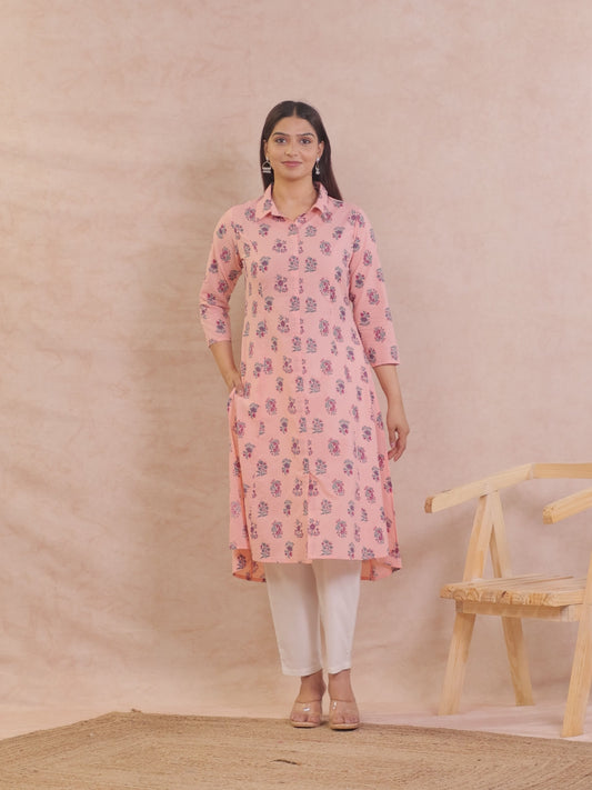 Soft Cotton Floral High Low Peach Kurta
