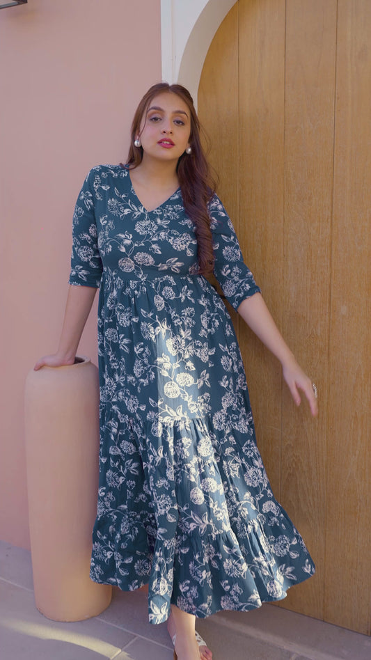 Soft Cotton Floral Tiered Blue Dress
