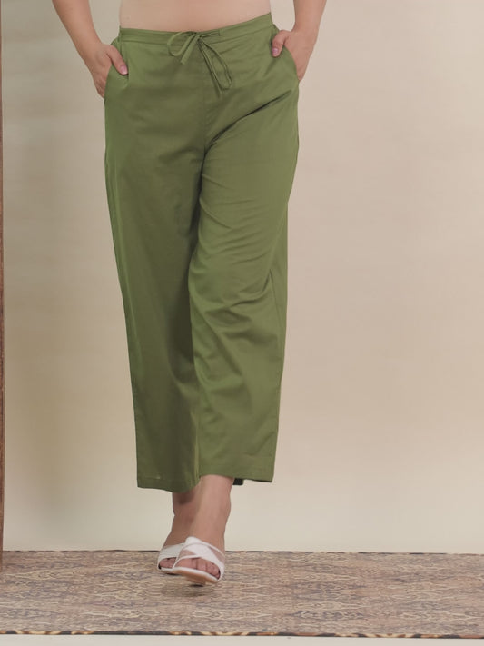 Soft Cotton Solid Green Straight Trousers