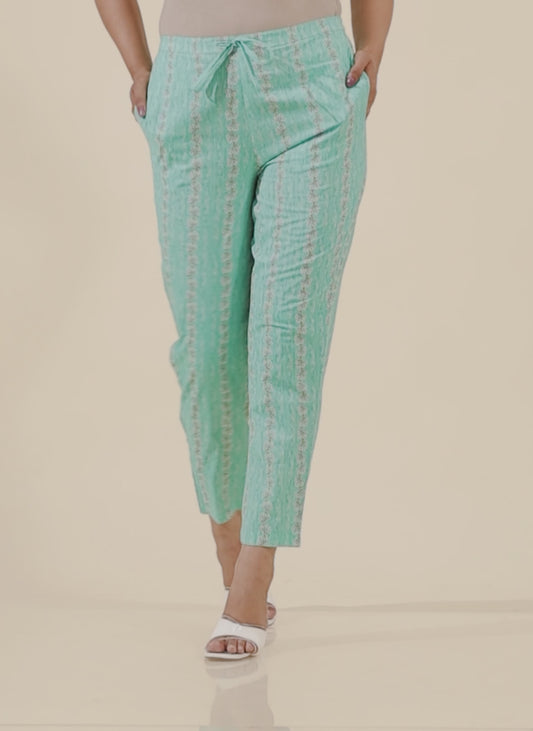 Soft Cotton Striped Green Tapered Trousers