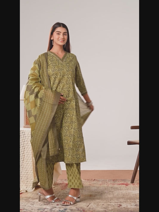 Soft Cotton Floral Straight Green Kurta