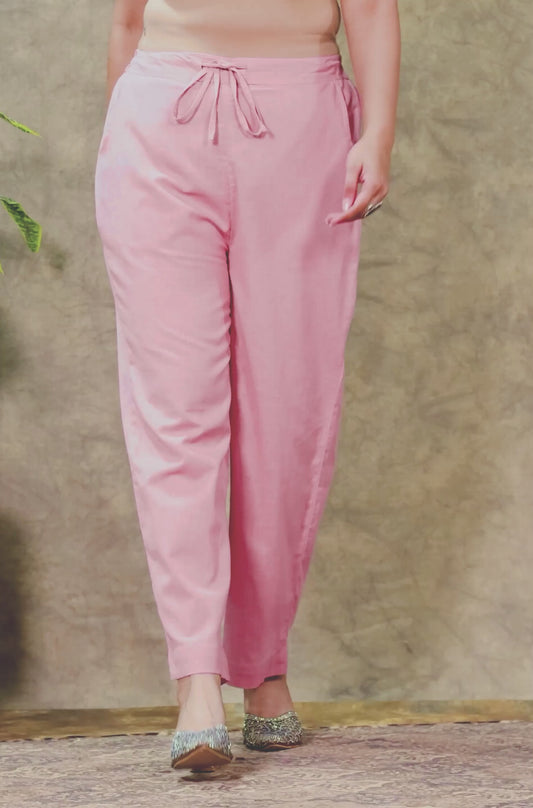 Linen Cotton Solid Peach Straight Trousers