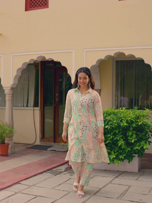 Linen Cotton Foliage High Low Off White Kurta