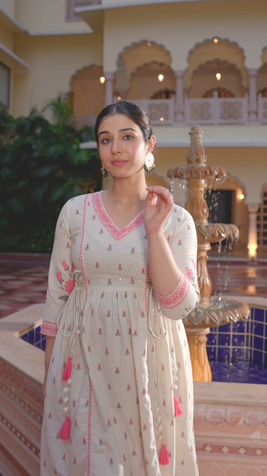 Embroidered Linen Cotton Floral Flared Off White Kurta