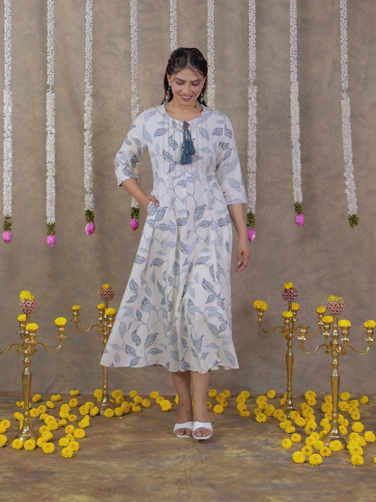 Linen Cotton Foliage Flared Off White Dress